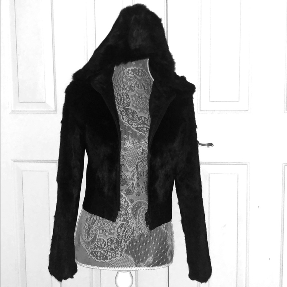 Bebe leather & fur jacket with detachable hoodie.
